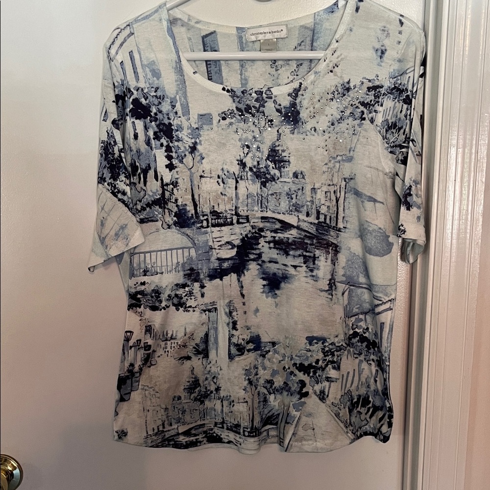 Elbow sleeve top.  Blue and white, cream